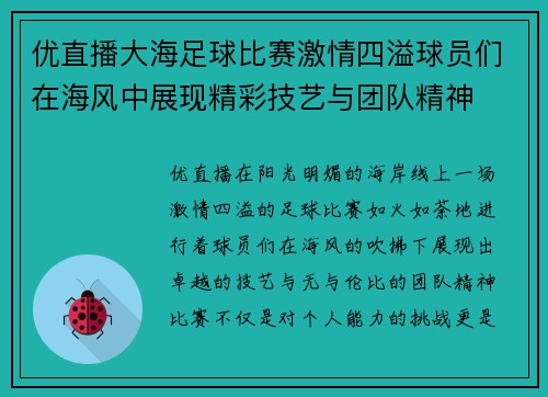 优直播大海足球比赛激情四溢球员们在海风中展现精彩技艺与团队精神
