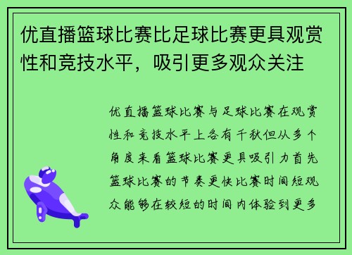 优直播篮球比赛比足球比赛更具观赏性和竞技水平，吸引更多观众关注