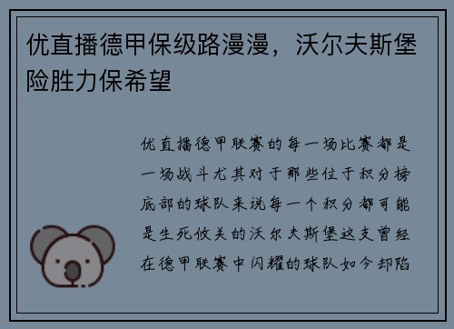 优直播德甲保级路漫漫，沃尔夫斯堡险胜力保希望