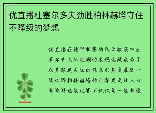 优直播杜塞尔多夫劲胜柏林赫塔守住不降级的梦想