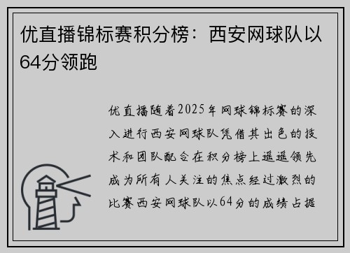 优直播锦标赛积分榜：西安网球队以64分领跑